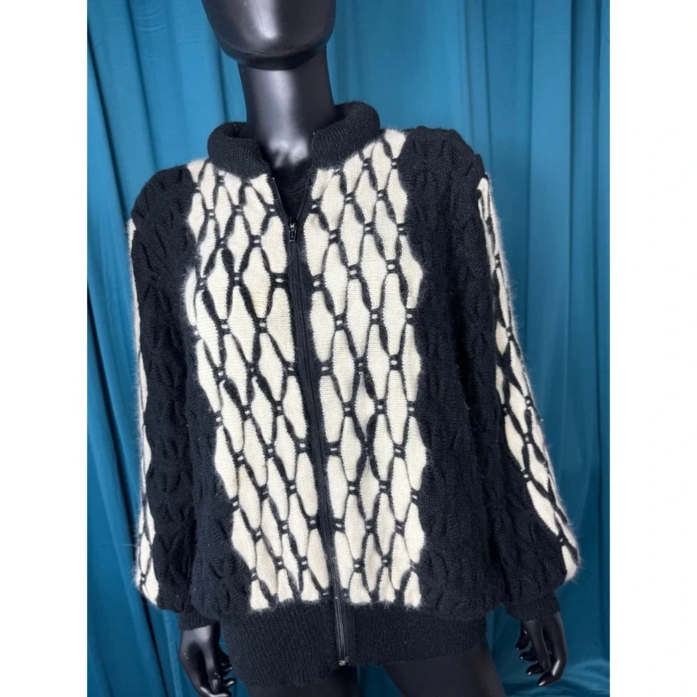 Vintage Rochelle California Black White Geometric Angora Wool Zip Cardigan Large